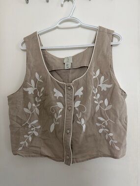 Sleeveless Joie Beige Linen-Cotton Embroidered Button-Front Top